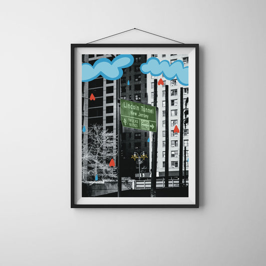 Black and white art print of the Lincoln Tunnel with illustrated clouds raining hearts and a glowing streetlight. Urban wall art mixing photography and illustration, perfect for New York lovers and modern home décor.