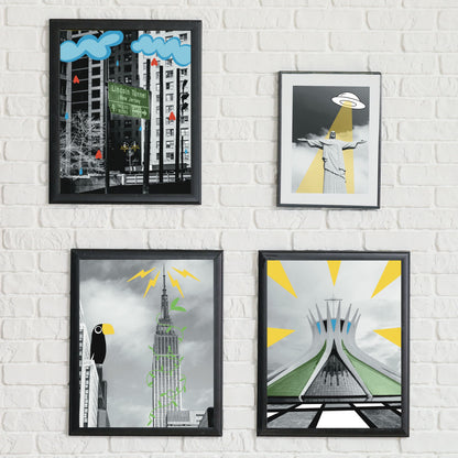 Black and white art print of the Lincoln Tunnel with illustrated clouds raining hearts and a glowing streetlight. Urban wall art mixing photography and illustration, perfect for New York lovers and modern home décor.