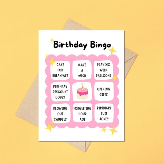 Birthday Bingo greeting card with a playful bingo card design featuring birthday-related activities like making a wish and eating cake for breakfast, topped with the phrase 'Birthday Bingo.' Perfect for fun birthday celebrations and game lovers.