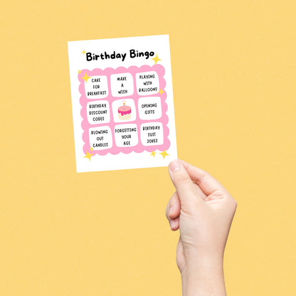 Birthday Bingo greeting card with a playful bingo card design featuring birthday-related activities like making a wish and eating cake for breakfast, topped with the phrase 'Birthday Bingo.' Perfect for fun birthday celebrations and game lovers.