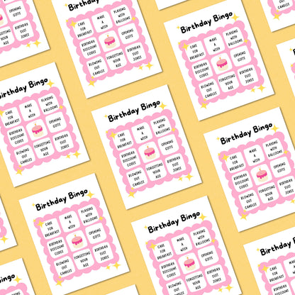 Birthday Bingo greeting card with a playful bingo card design featuring birthday-related activities like making a wish and eating cake for breakfast, topped with the phrase 'Birthday Bingo.' Perfect for fun birthday celebrations and game lovers.