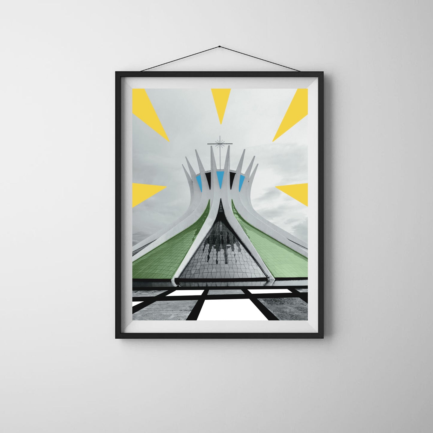 Black and white Brasília Cathedral art print with illustrated geometric rays and abstract details, modern wall art inspired by Brazilian architecture, unique home decor for design and architecture lovers.