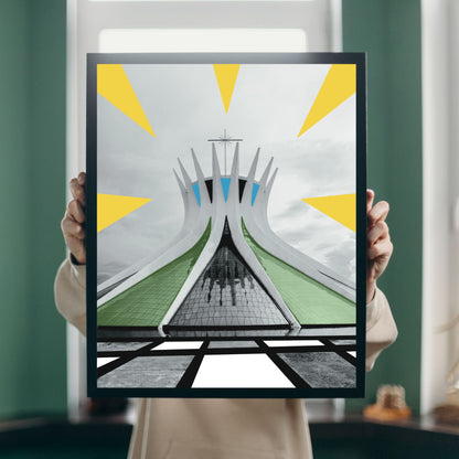 Black and white Brasília Cathedral art print with illustrated geometric rays and abstract details, modern wall art inspired by Brazilian architecture, unique home decor for design and architecture lovers.