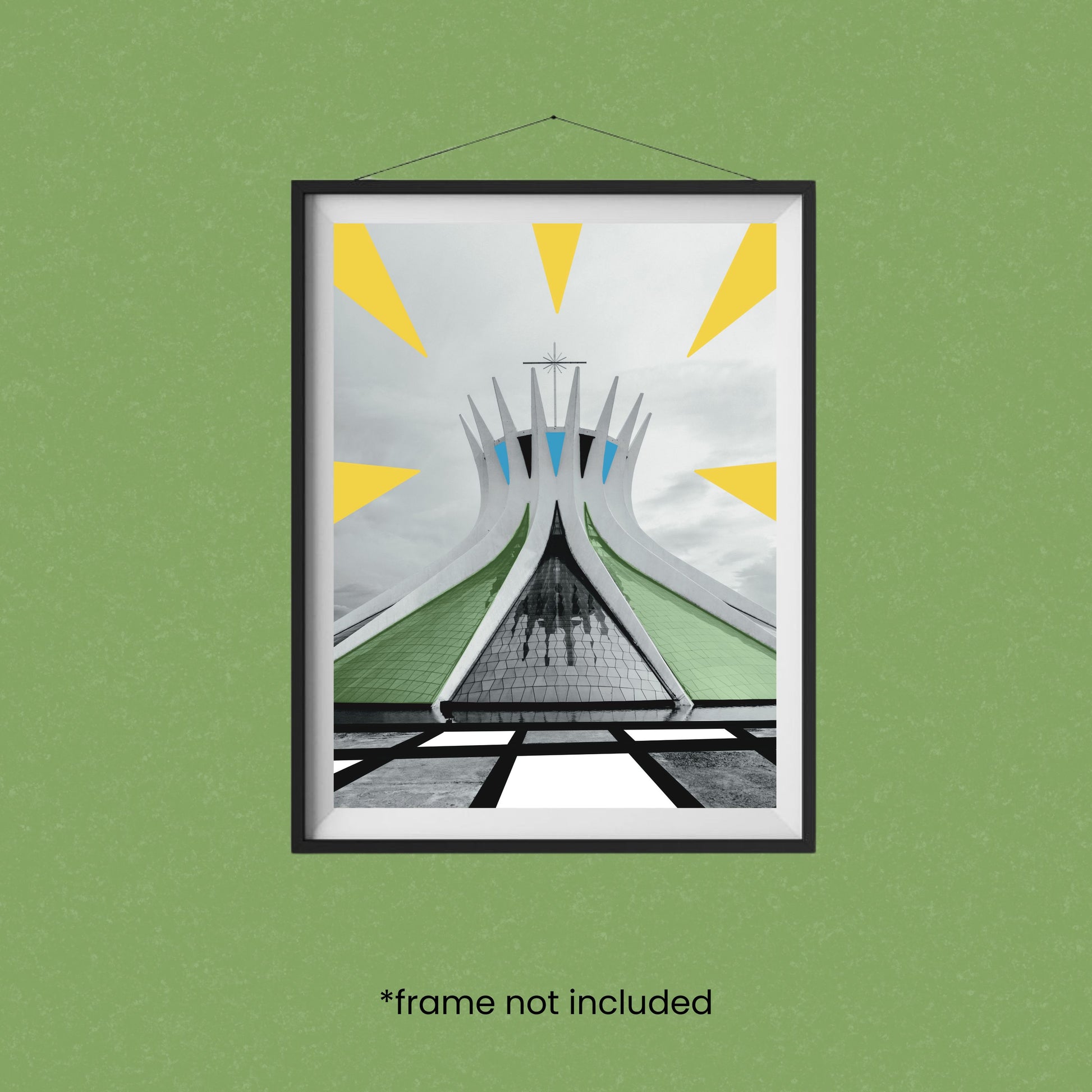 Black and white Brasília Cathedral art print with illustrated geometric rays and abstract details, modern wall art inspired by Brazilian architecture, unique home decor for design and architecture lovers.