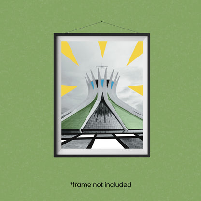 Black and white Brasília Cathedral art print with illustrated geometric rays and abstract details, modern wall art inspired by Brazilian architecture, unique home decor for design and architecture lovers.