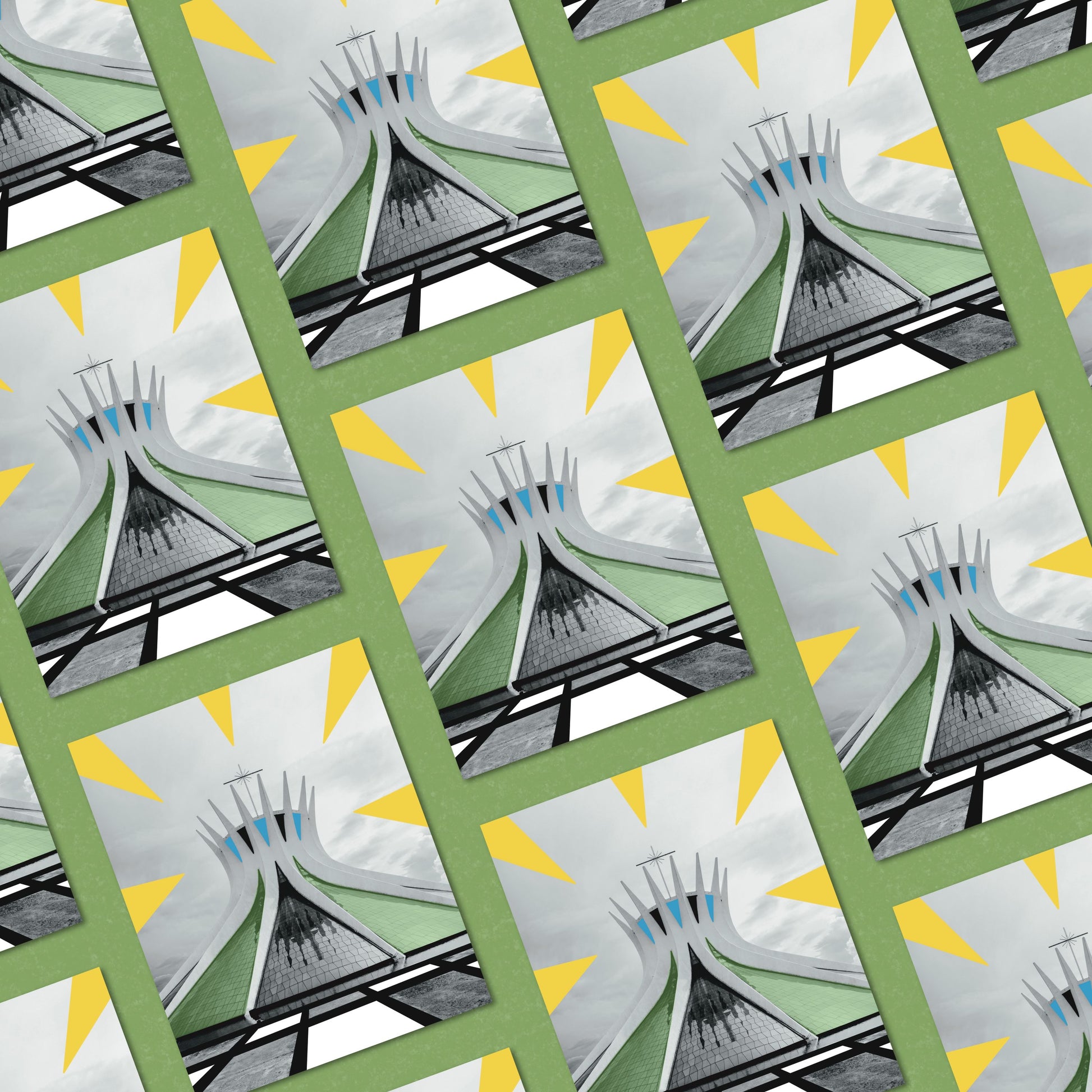 Black and white Brasília Cathedral art print with illustrated geometric rays and abstract details, modern wall art inspired by Brazilian architecture, unique home decor for design and architecture lovers.