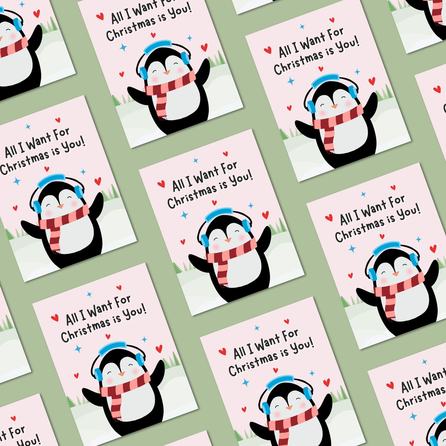 Cute Christmas card featuring an adorable penguin standing in a snowy winter scene with the phrase “All I Want For Christmas Is You.” Festive holiday card perfect for couples, romantic Christmas greetings, and seasonal gifting.