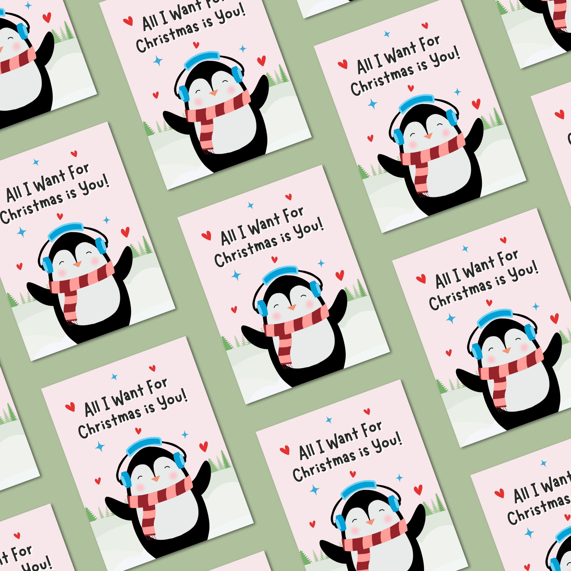 Cute Christmas card featuring an adorable penguin standing in a snowy winter scene with the phrase “All I Want For Christmas Is You.” Festive holiday card perfect for couples, romantic Christmas greetings, and seasonal gifting.