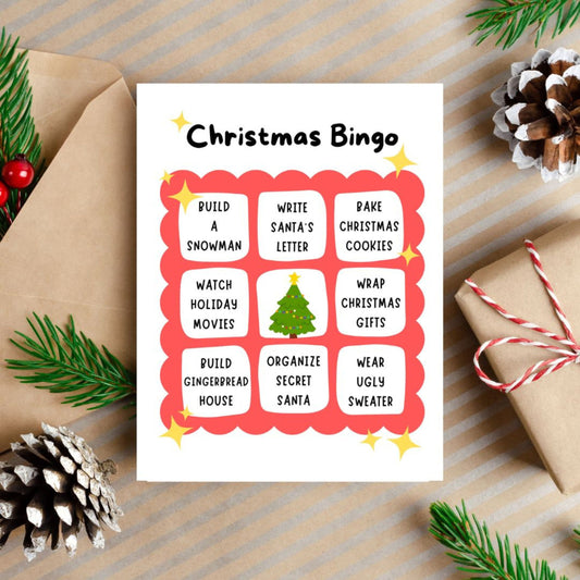 Christmas Bingo greeting card featuring festive activities like building a snowman, writing a letter to Santa, wearing an ugly sweater, and building a gingerbread house. Perfect for spreading holiday cheer with a playful twist.