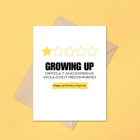 Greeting card with the phrase Growing Up: Difficult and Expensive, Would Not Recommend designed like a product review with 5 yellow stars, but only one colored in. Perfect for humorously acknowledging the challenges of adulting.