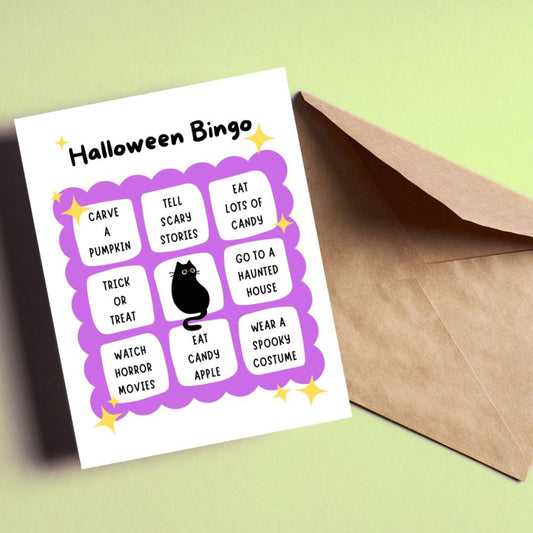 Halloween greeting card featuring a cute bingo card with spooky activities like spotting a black cat, visiting a haunted house, watching horror movies, and eating candy, perfect for Halloween enthusiasts who love festive fun.