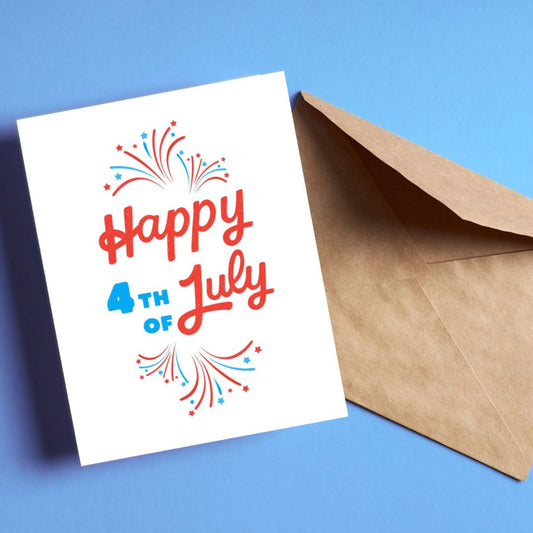 Greeting card with the phrase Happy 4th of July written in blue and red, featuring fireworks. Perfect for celebrating Independence Day with a festive touch.