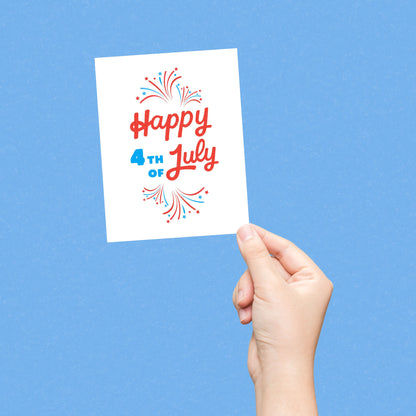 Greeting card with the phrase Happy 4th of July written in blue and red, featuring fireworks. Perfect for celebrating Independence Day with a festive touch.