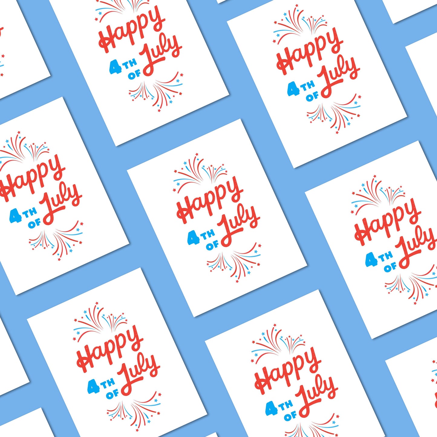 Greeting card with the phrase Happy 4th of July written in blue and red, featuring fireworks. Perfect for celebrating Independence Day with a festive touch.