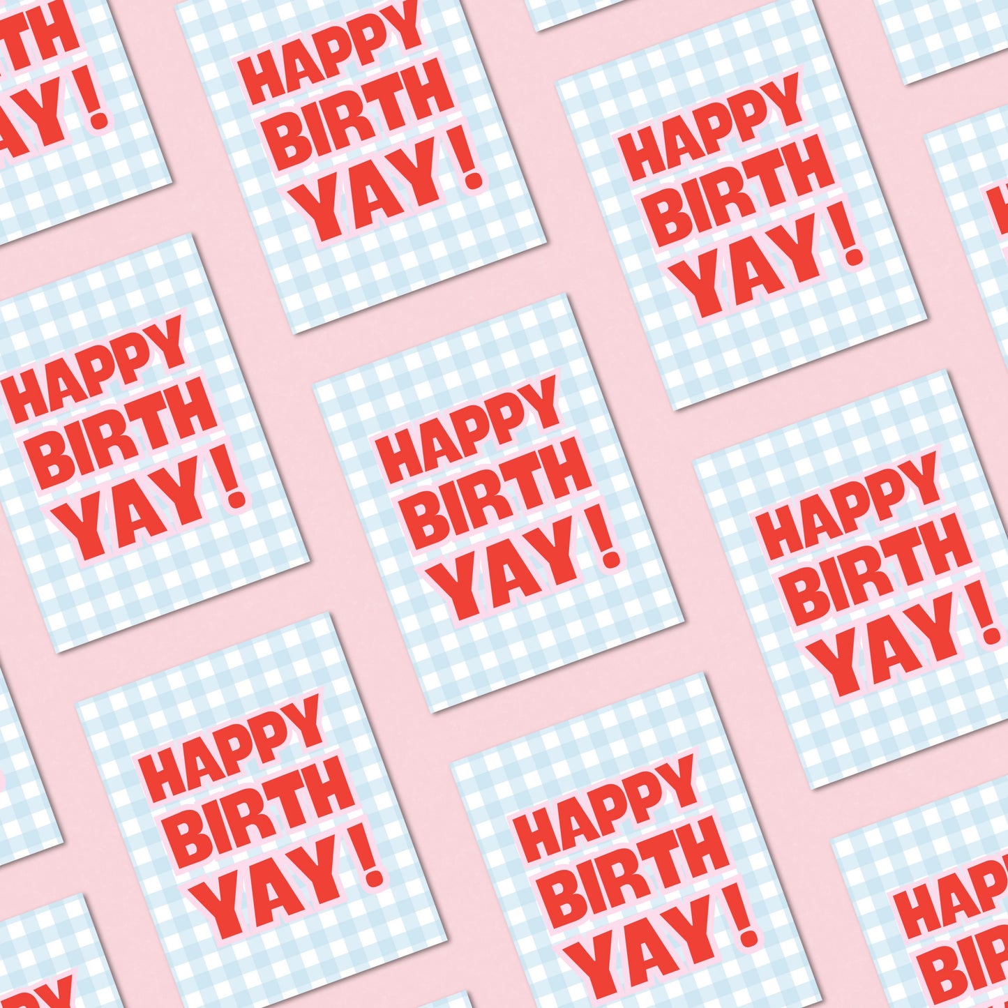 Funny birthday greeting card with blue and white gingham background and bold red text reading “Happy Birth Yay!”, playful and cheerful birthday card perfect for friends, family, and modern birthday celebrations.