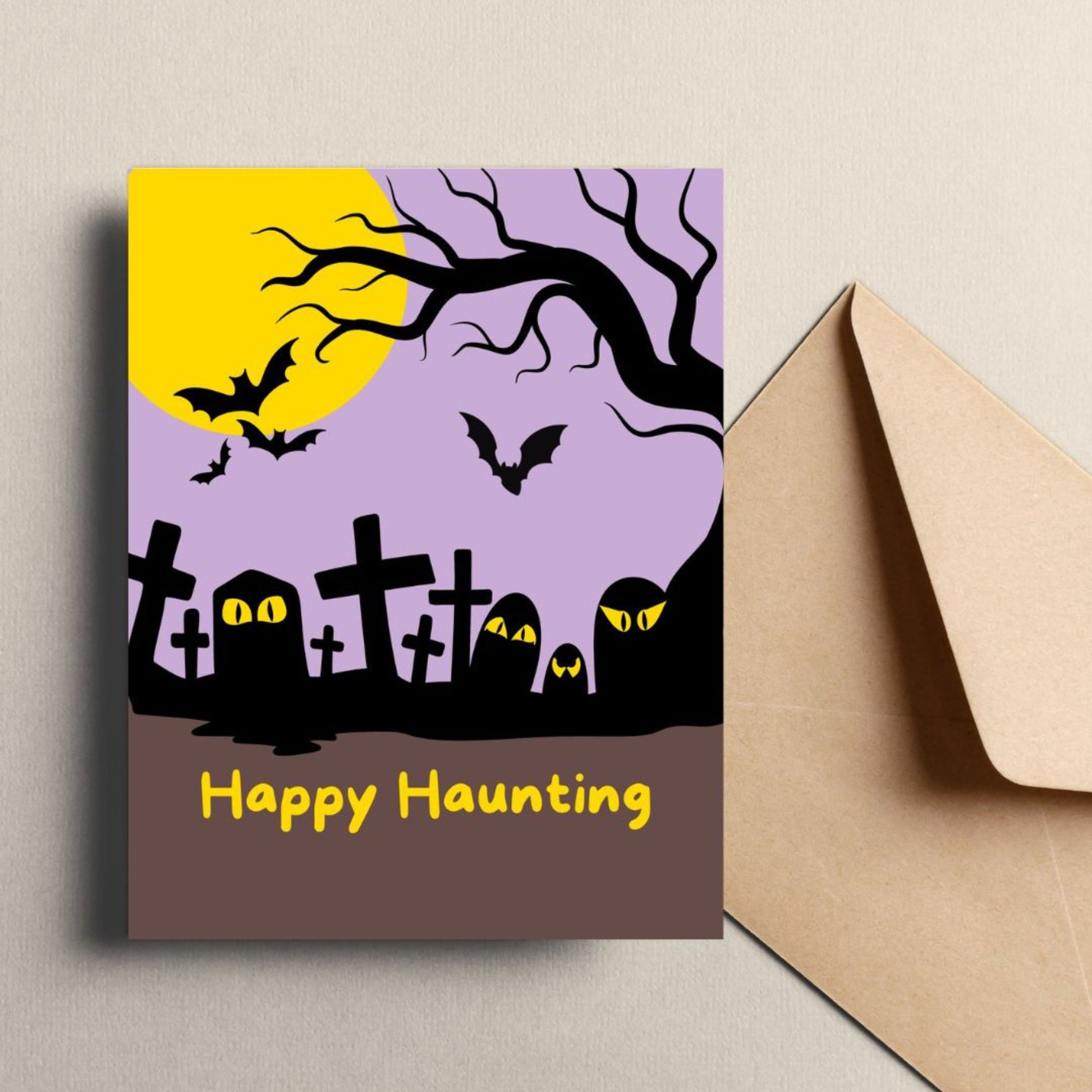 Halloween greeting card with a spooky cemetery illustration, tombstones, and a full moon, featuring the phrase Happy Haunting in bold letters. Perfect for sending Halloween wishes to friends and family.