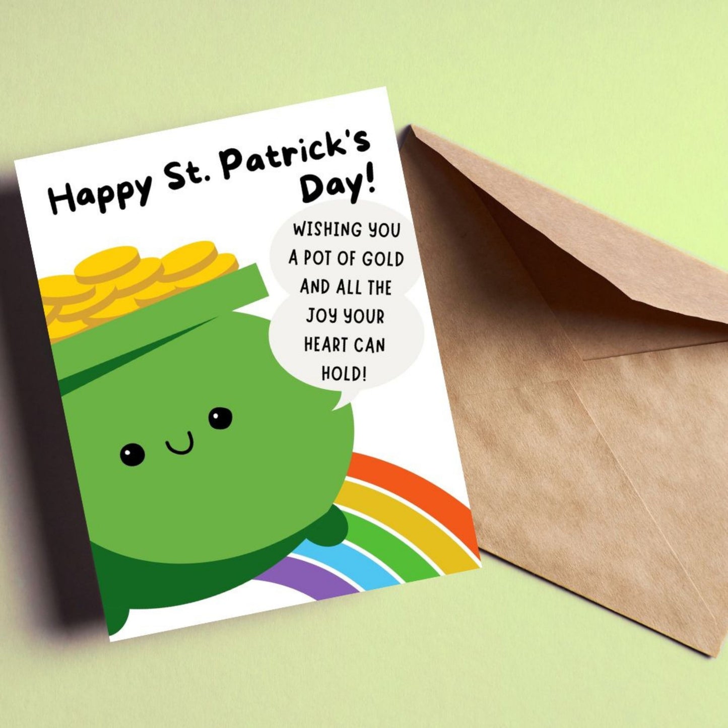 St. Patrick's Day greeting card with a cute smiling pot of gold and the phrase "Happy St. Patrick’s Day. Wishing You A Pot Of Gold And All The Joy Your Heart Can Hold." Perfect for spreading Irish luck and festive cheer. Great for friends and family! 🍀✨