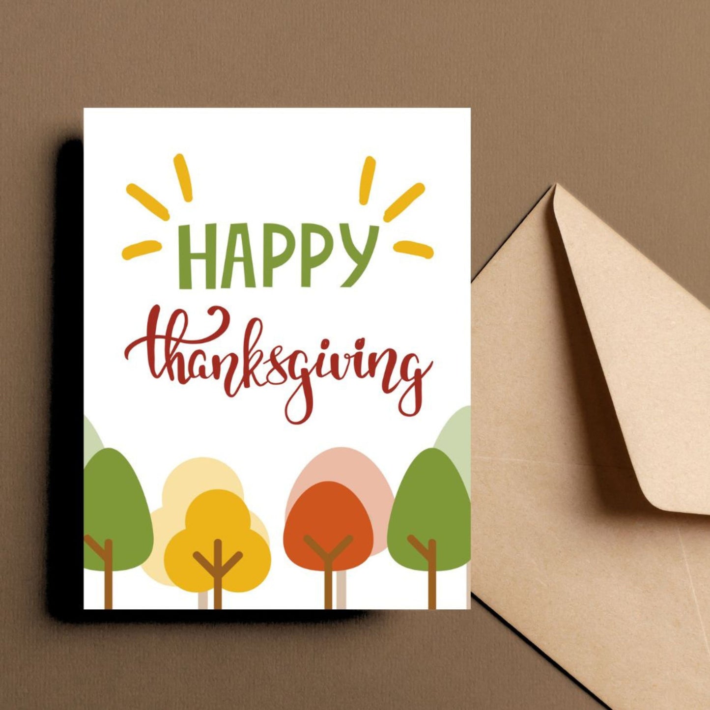 Cute Thanksgiving greeting card featuring fall trees with colorful leaves and the phrase Happy Thanksgiving. Perfect for sharing gratitude and adding a touch of humor to the holiday season.