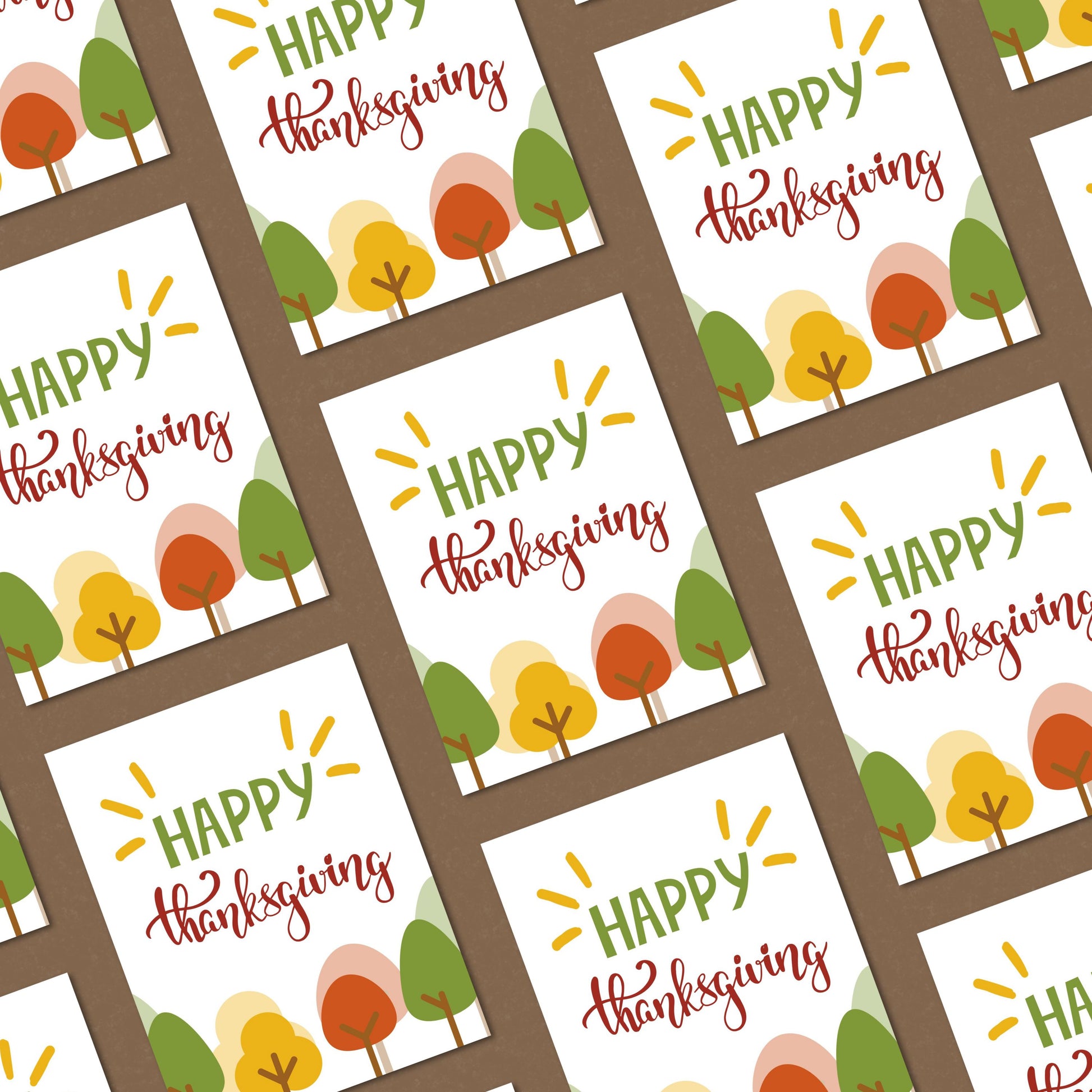 Cute Thanksgiving greeting card featuring fall trees with colorful leaves and the phrase Happy Thanksgiving. Perfect for sharing gratitude and adding a touch of humor to the holiday season.