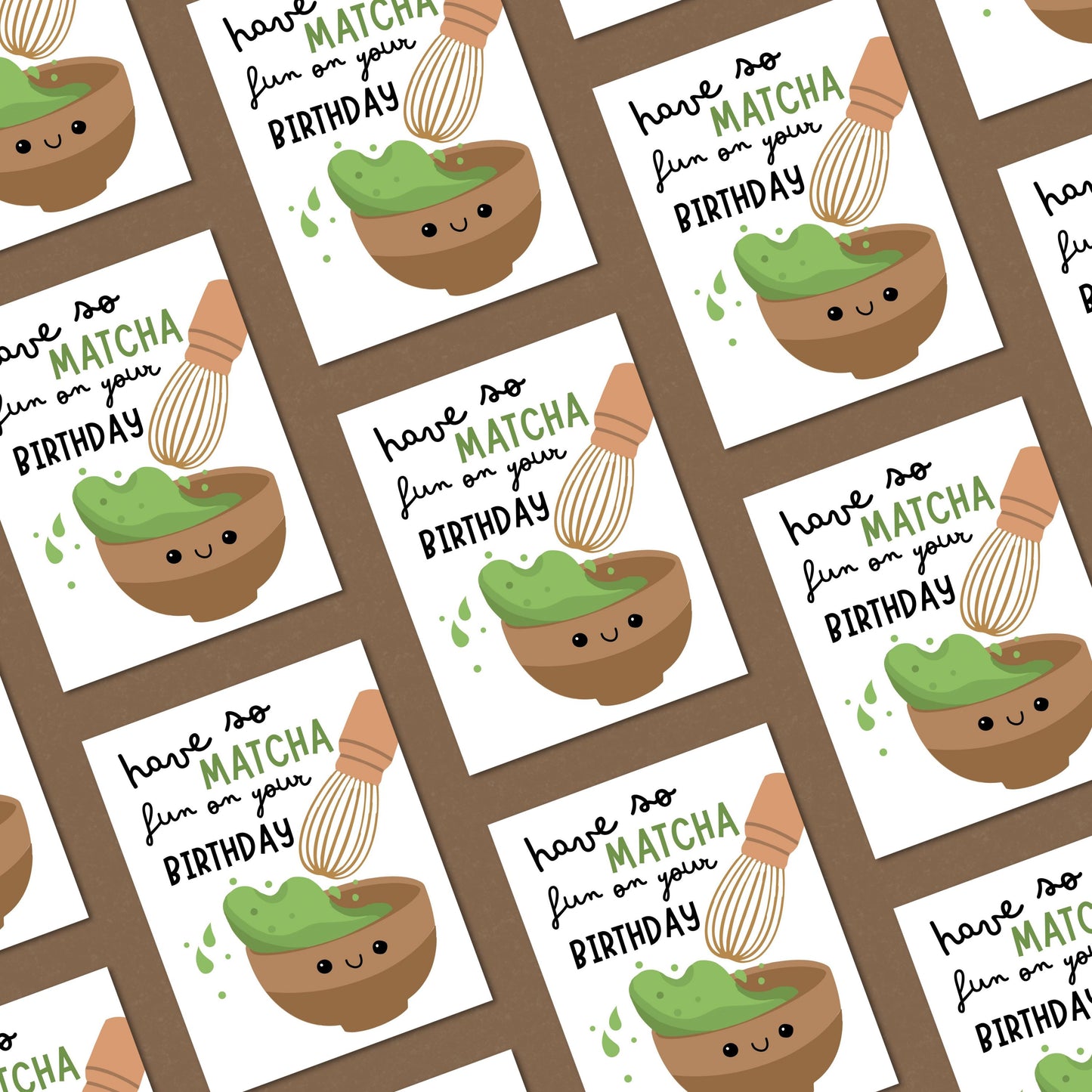 Cute birthday greeting card featuring a smiley matcha drink and the phrase Have So Matcha Fun On Your Birthday, perfect for tea lovers and pun enthusiasts.