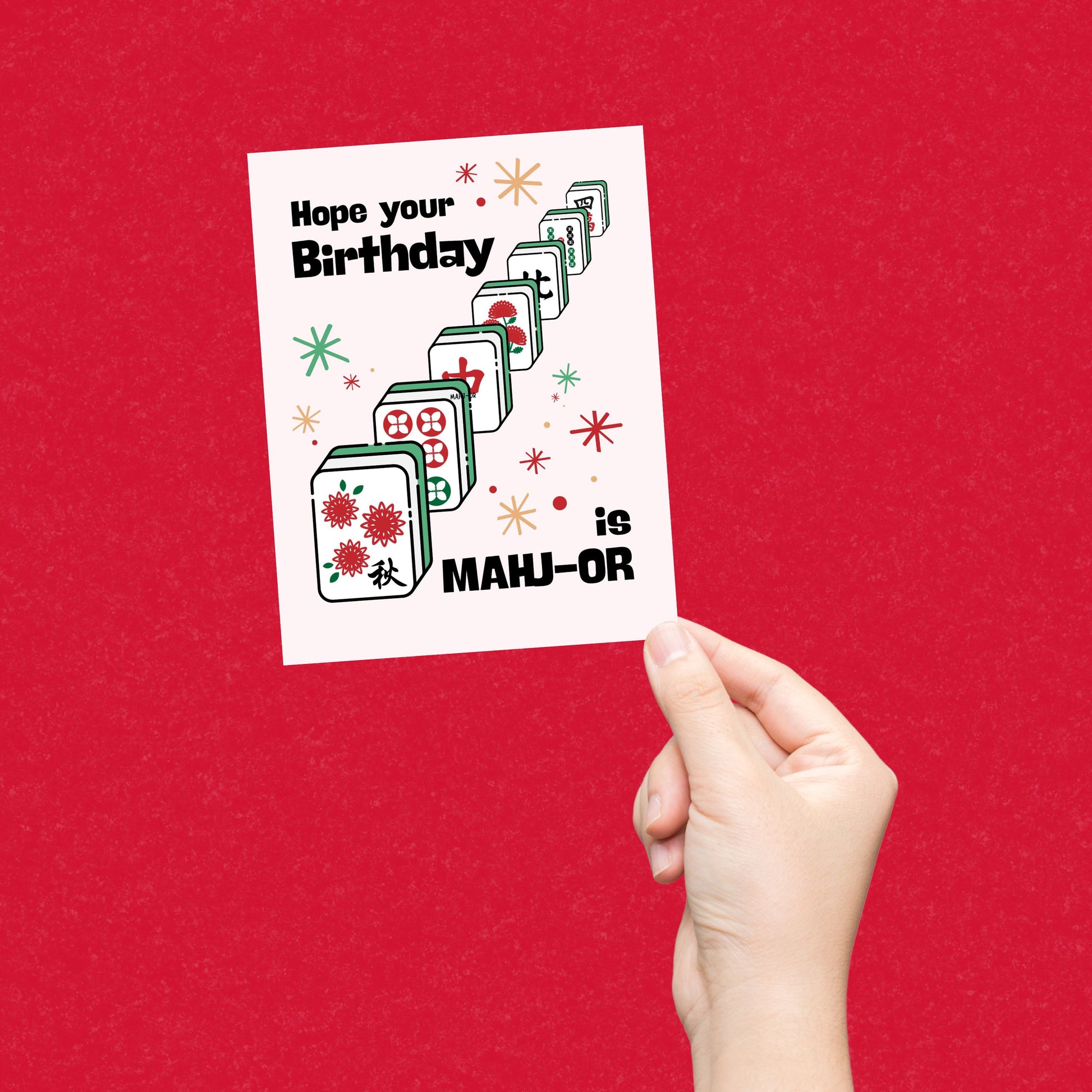 Funny mahjong birthday greeting card featuring colorful mahjong tiles and the phrase “Hope Your Birthday Is Mahj-or,” a playful pun card perfect for mahjong lovers, game night fans, and unique birthday celebrations.
