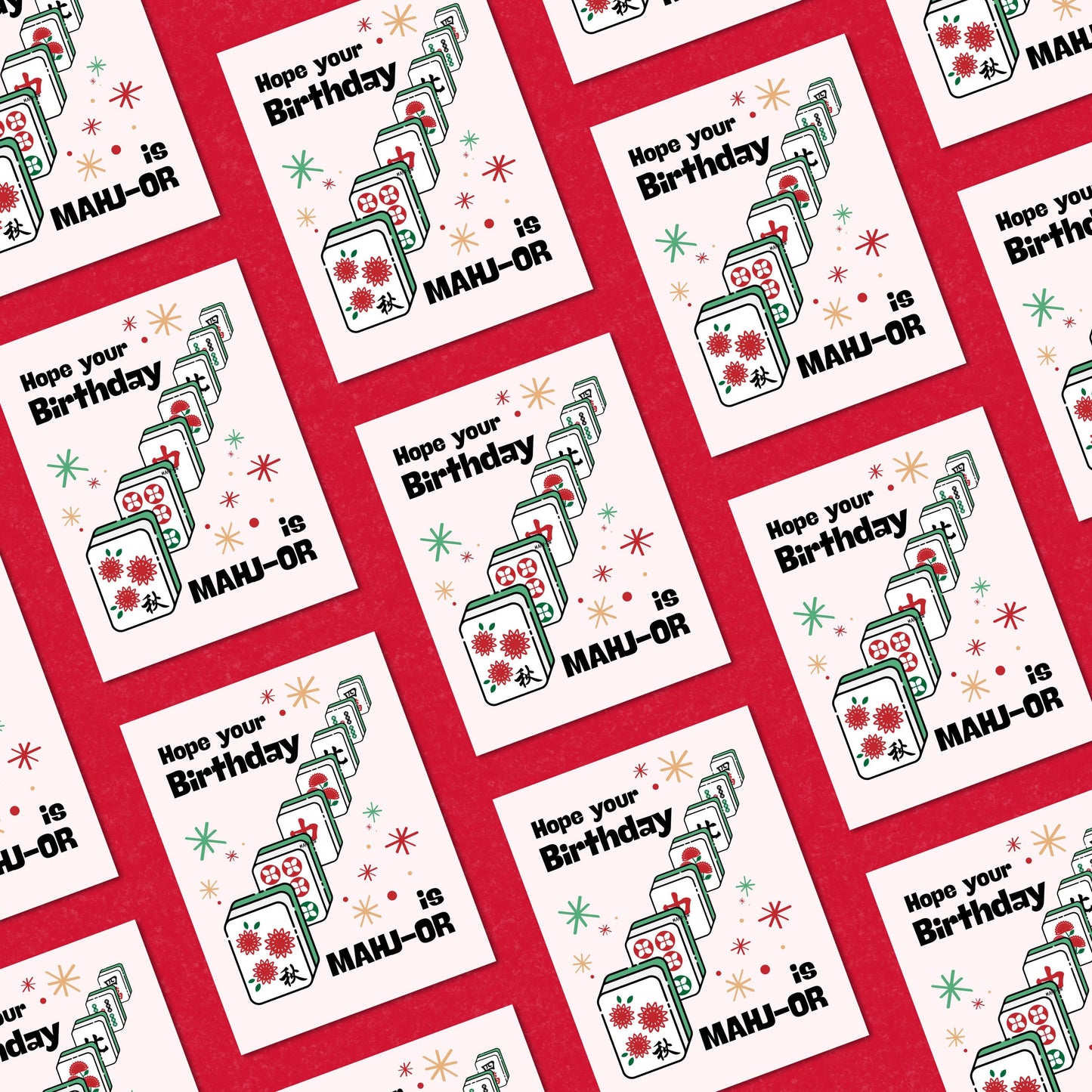Funny mahjong birthday greeting card featuring colorful mahjong tiles and the phrase “Hope Your Birthday Is Mahj-or,” a playful pun card perfect for mahjong lovers, game night fans, and unique birthday celebrations.