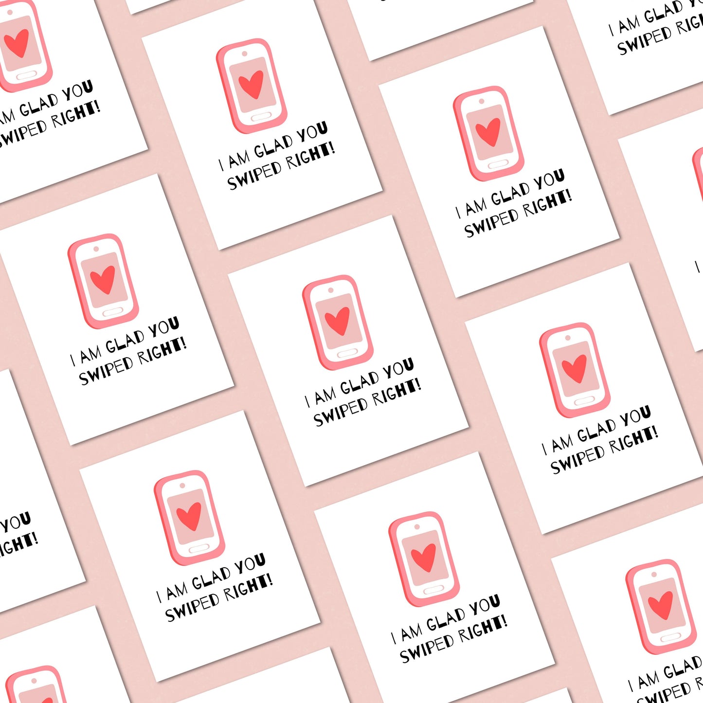 Funny dating anniversary card with a cute phone with a heart on the screen, and the phrase "I Am Glad You Swiped Right." Perfect for couples who met on a dating app, this love card is great for Valentine's Day, anniversaries, or just because.