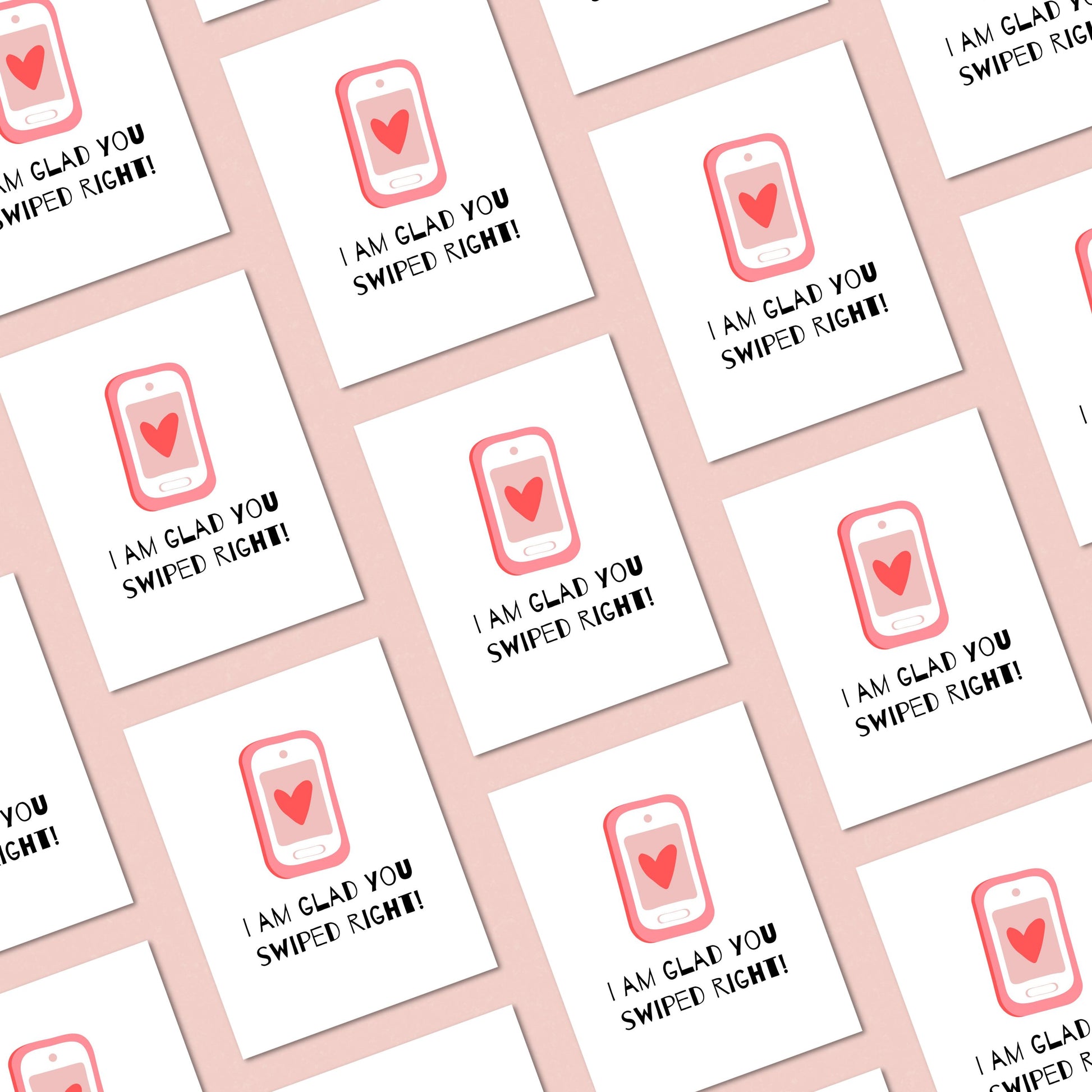 Funny dating anniversary card with a cute phone with a heart on the screen, and the phrase "I Am Glad You Swiped Right." Perfect for couples who met on a dating app, this love card is great for Valentine's Day, anniversaries, or just because.