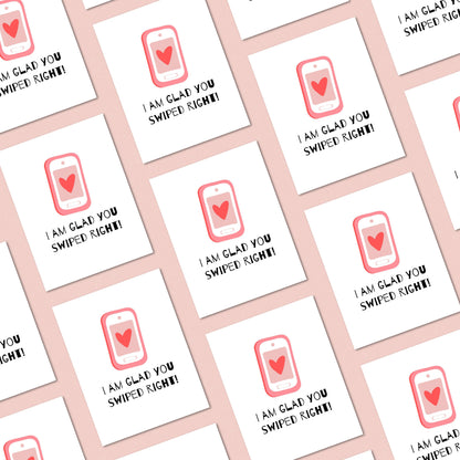 Funny dating anniversary card with a cute phone with a heart on the screen, and the phrase "I Am Glad You Swiped Right." Perfect for couples who met on a dating app, this love card is great for Valentine's Day, anniversaries, or just because.