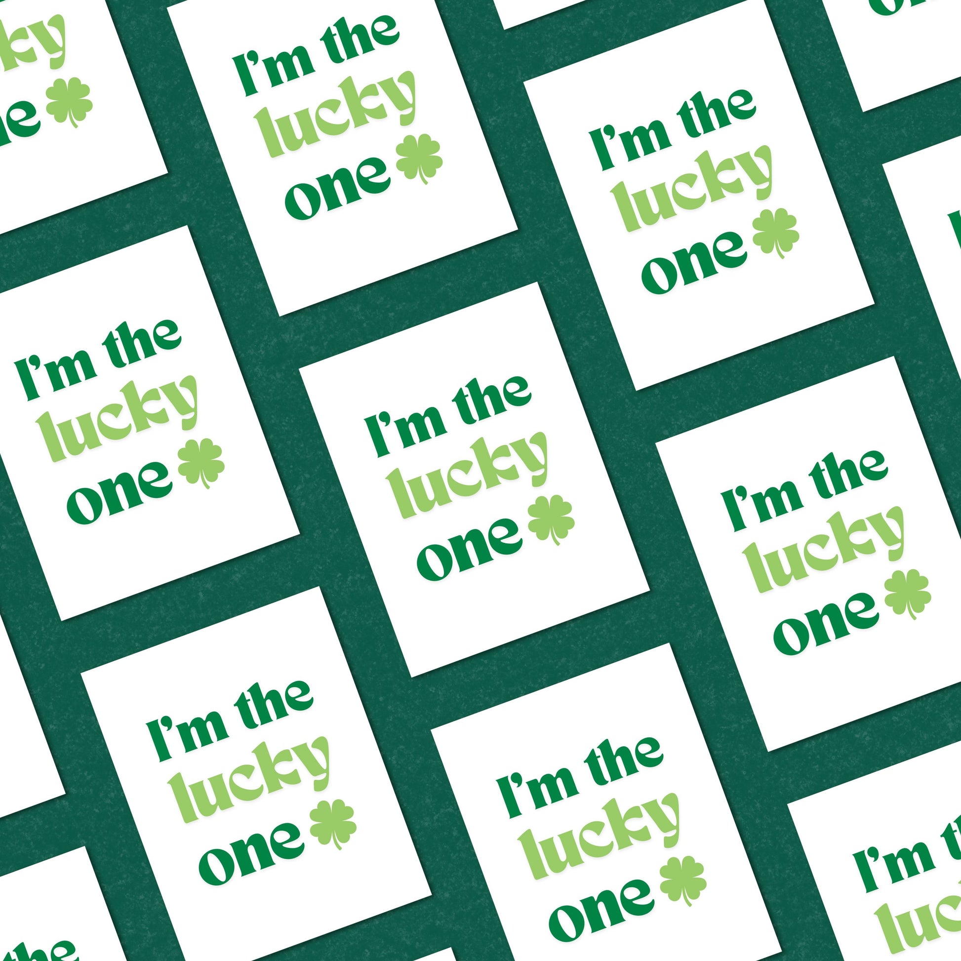 Lucky-themed greeting card featuring a bold four-leaf clover and the phrase "I'm The Lucky One." Perfect for St. Patrick's Day, anniversaries, or celebrating someone special. Fun, high-quality design for spreading good vibes and appreciation.