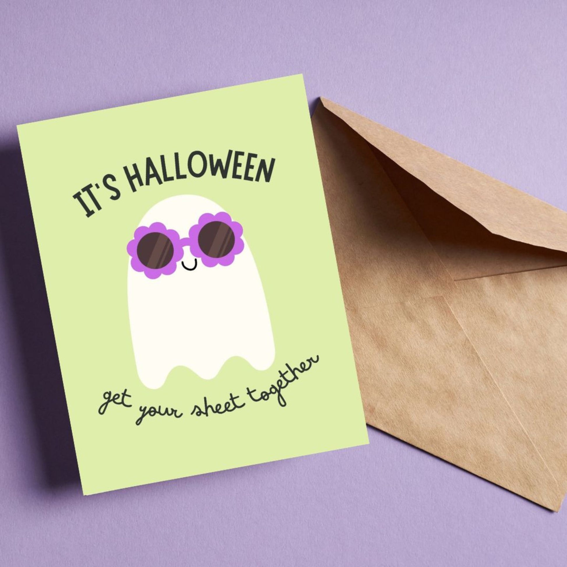 Cute Halloween greeting card featuring a ghost wearing flower-shaped sunglasses with the phrase It's Halloween, Get Your Sheet Together, funny spooky design perfect for sending Halloween laughs.