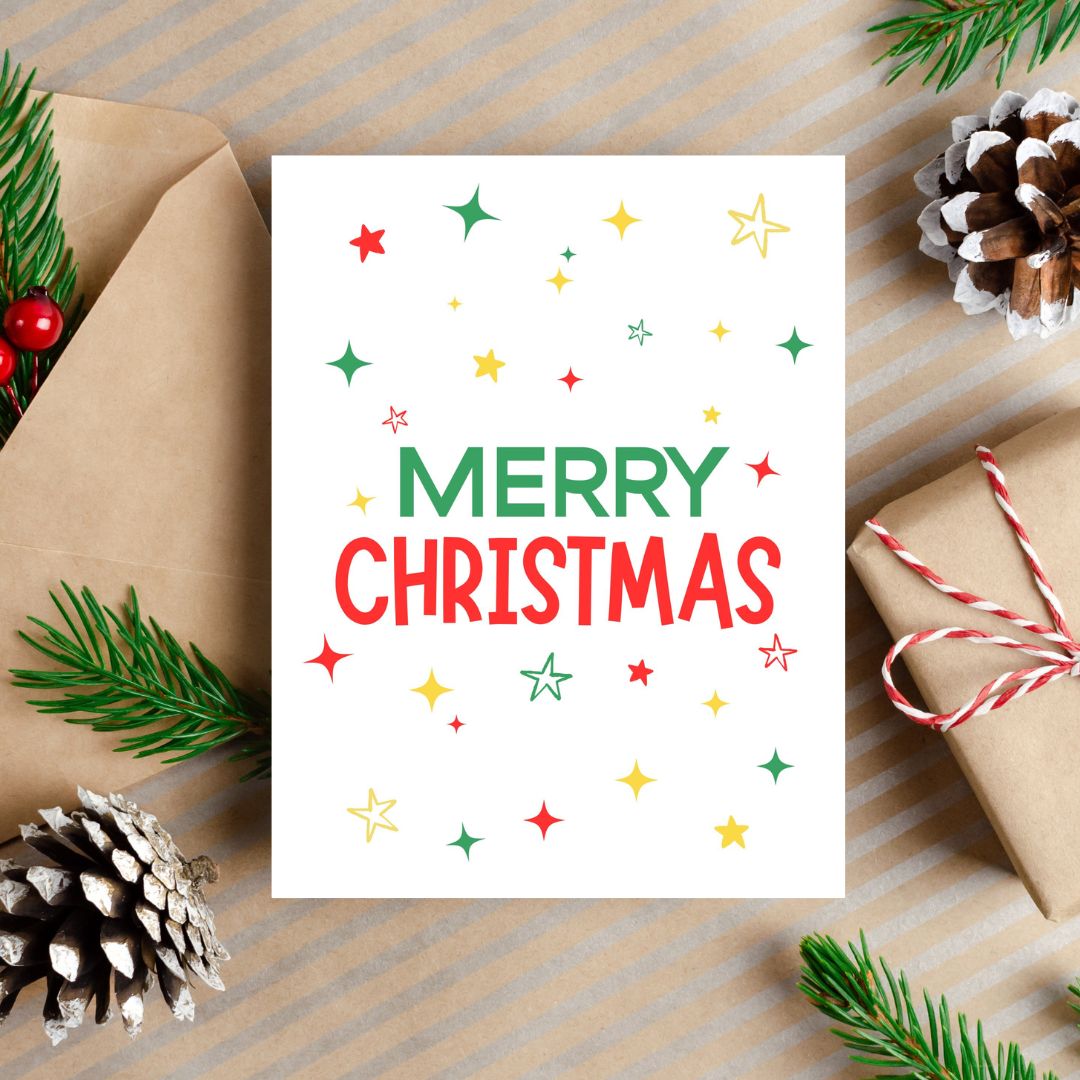 Festive Christmas greeting card with the words Merry Christmas surrounded by green, red, and yellow stars, perfect for holiday cheer and seasonal wishes, vibrant and colorful holiday stationery.