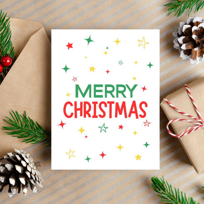 Festive Christmas greeting card with the words Merry Christmas surrounded by green, red, and yellow stars, perfect for holiday cheer and seasonal wishes, vibrant and colorful holiday stationery.