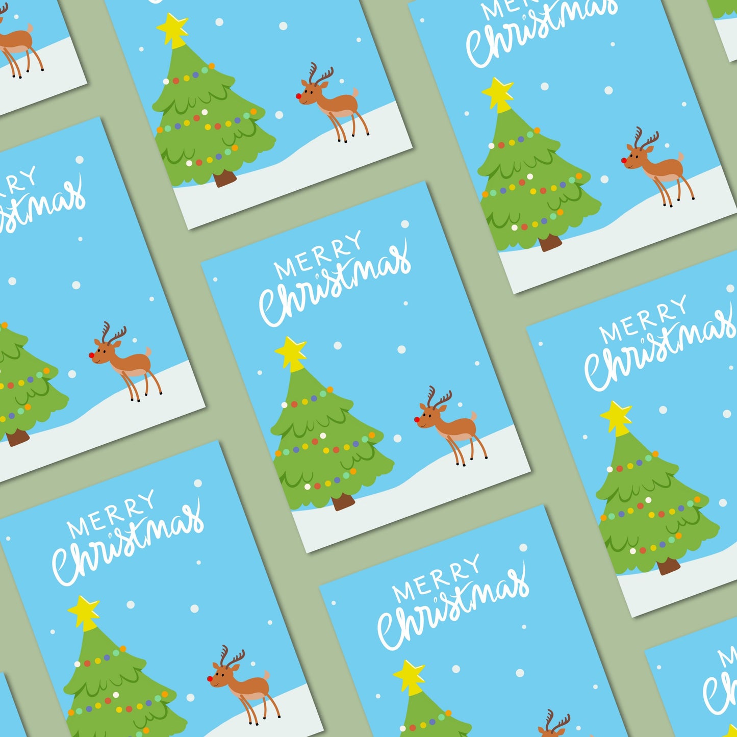 Christmas greeting card with a snowy landscape, decorated Christmas tree, and a cute red-Nosed Reindeer, featuring the phrase 'Merry Christmas' in bold letters, perfect for spreading festive cheer and holiday wishes.