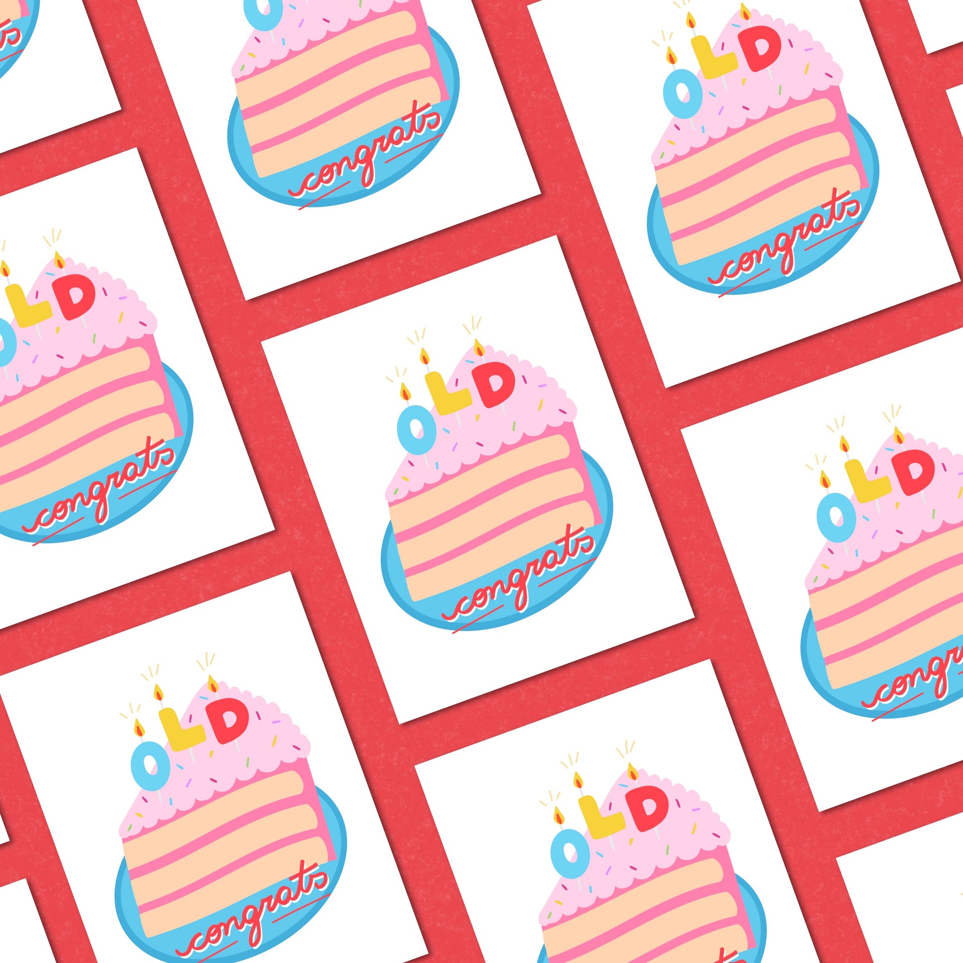 Greeting card with a cute, original drawing of a slice of birthday cake with three candles spelling out OLD. Perfect for humorous birthday celebrations and milestone birthdays.