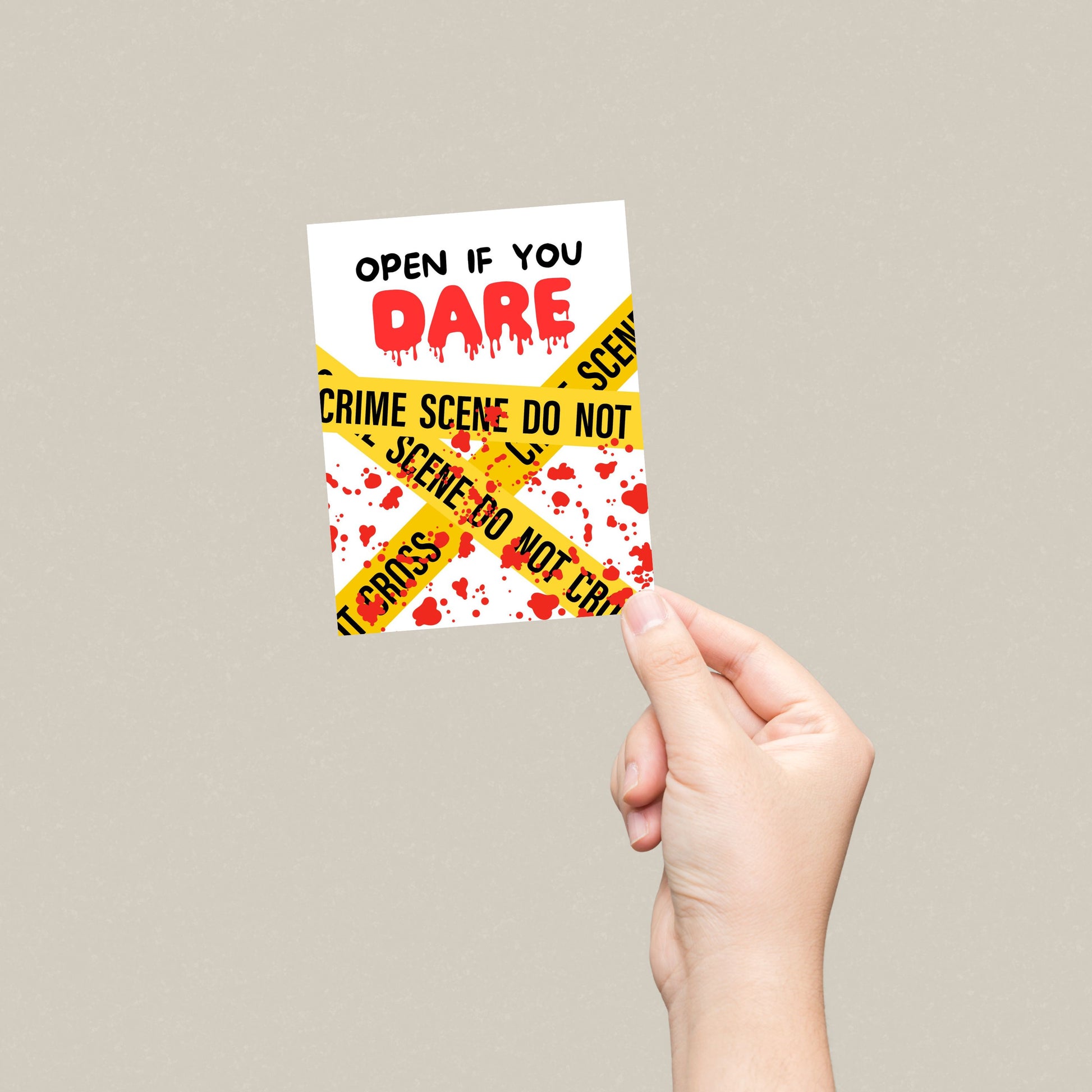 Halloween greeting card with a bloody scene, featuring Do Not Cross police tape and the words Open If You Dare. Creepy and fun design for sending spooky Halloween greetings, perfect for horror lovers or those with a playful sense of humor.