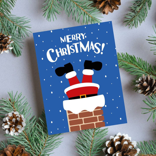 Christmas greeting card with a snowy background, Santa's boots sticking out of a chimney, and the phrase "Merry Christmas" in festive red lettering, perfect for spreading holiday cheer with humor and charm.