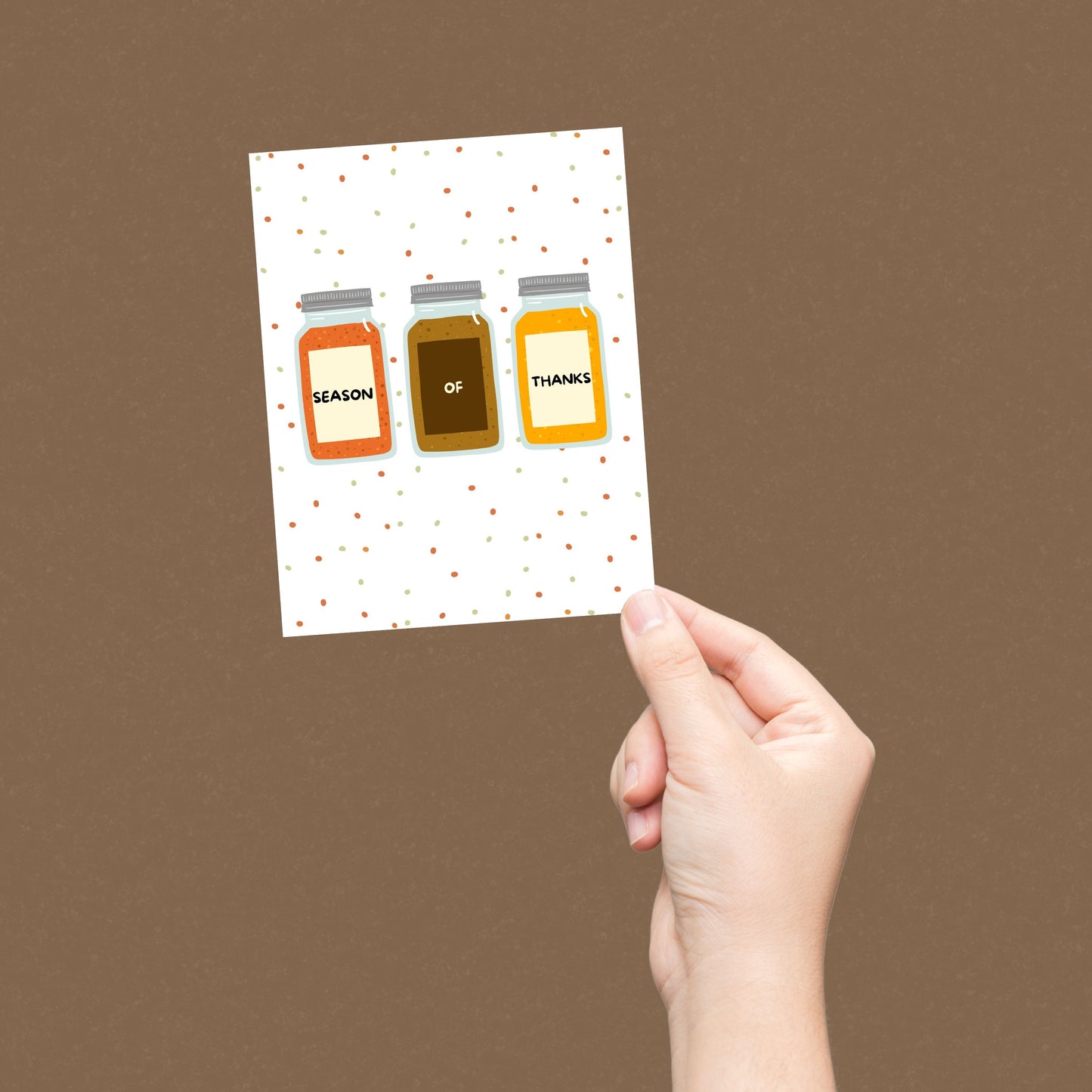 Thanksgiving greeting card featuring three spice jars with the phrase Season Of Thanks. Perfect for Thanksgiving wishes, humor, and food lovers. Spice-themed card adds a fun twist to holiday greetings with a nod to seasonal flavors.