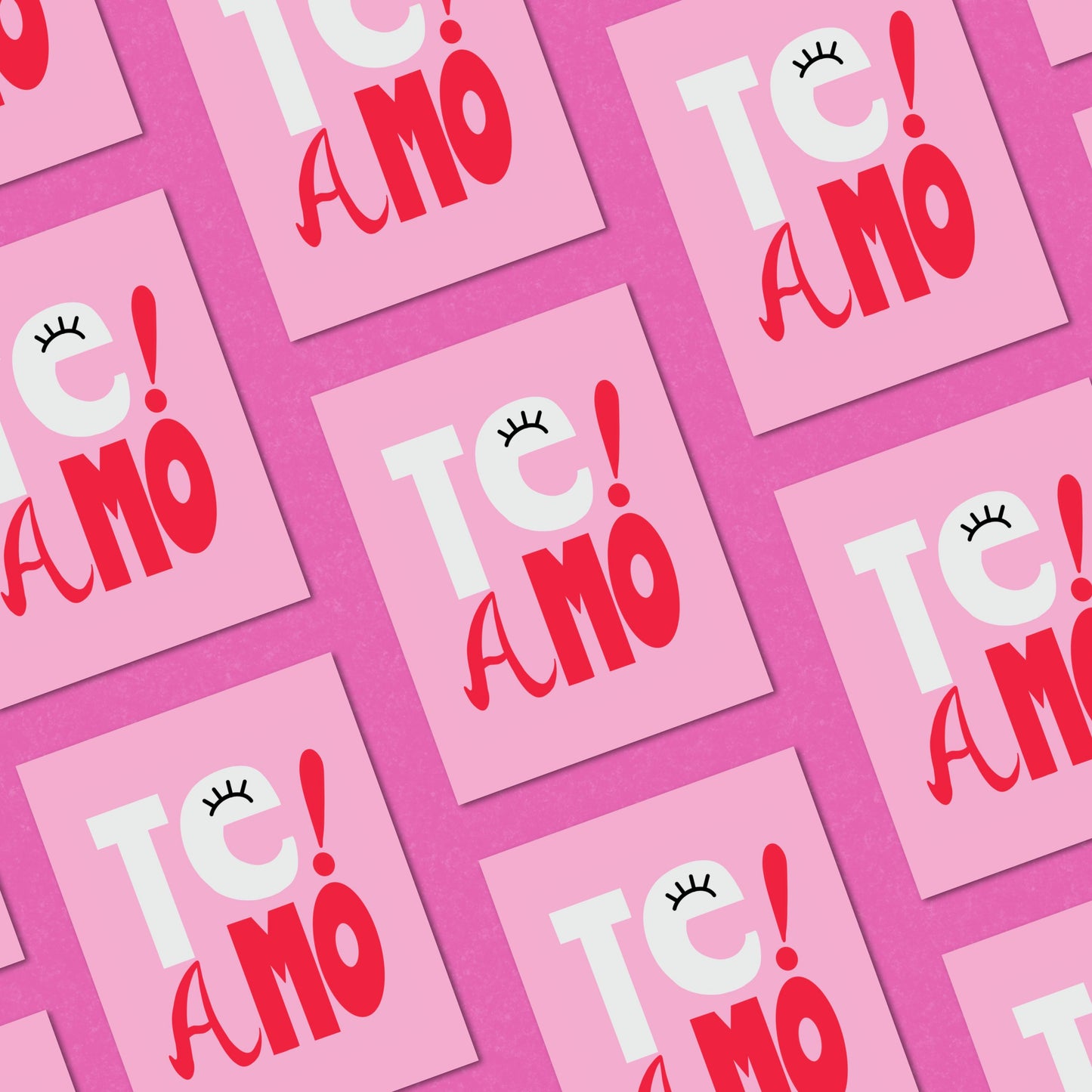 Te Amo greeting card with pink background, perfect for expressing love and affection, playful and whimsical design, ideal for anniversaries, special occasions, or just because, heartfelt and fun way to say "I love you" in Spanish and Portuguese.