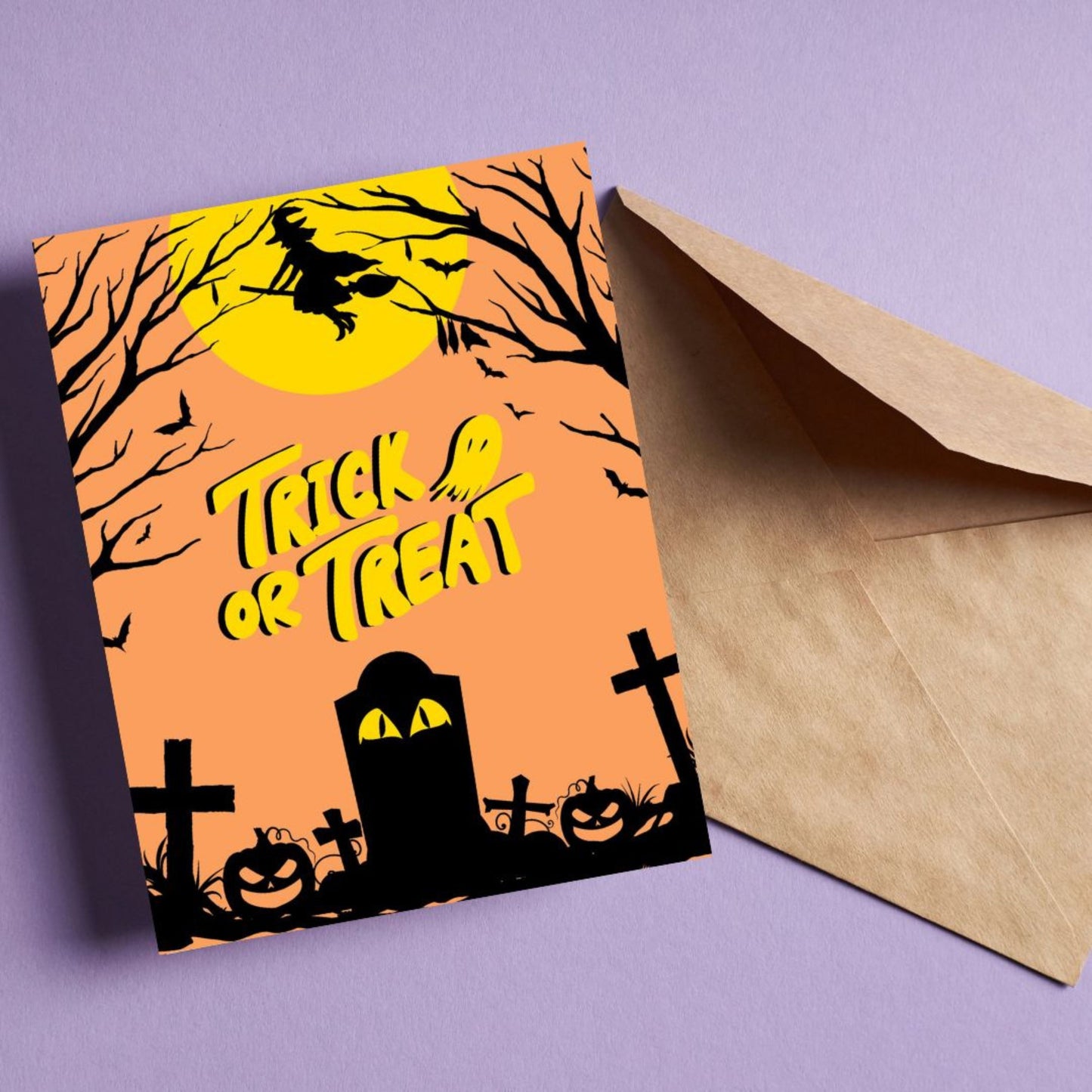 Halloween greeting card with a spooky cemetery scene, glowing full moon, and a witch flying by on her broomstick, featuring the phrase Trick or Treat in bold letters. Perfect for sending Halloween wishes to anyone who loves the spooky season.