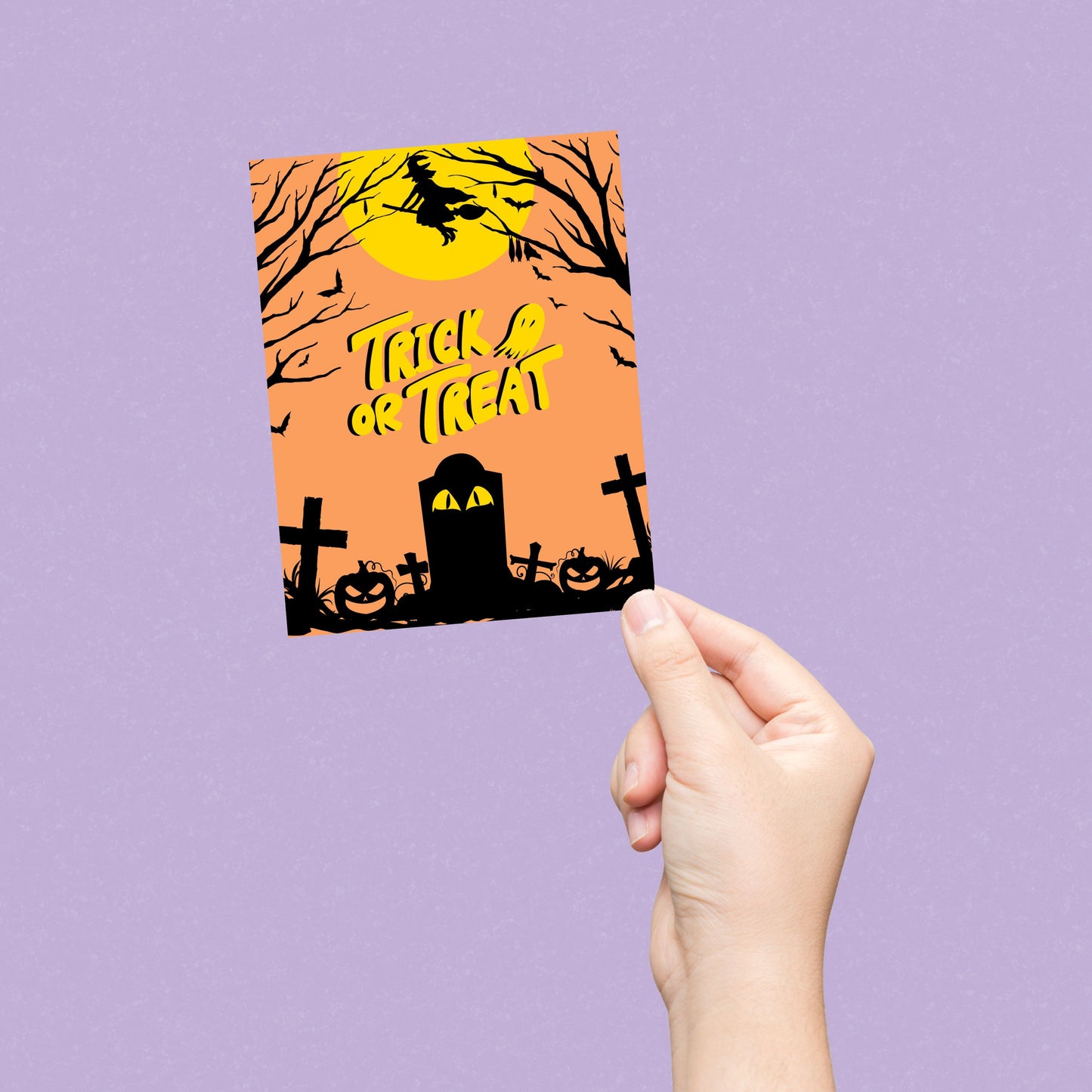 Halloween greeting card with a spooky cemetery scene, glowing full moon, and a witch flying by on her broomstick, featuring the phrase Trick or Treat in bold letters. Perfect for sending Halloween wishes to anyone who loves the spooky season.