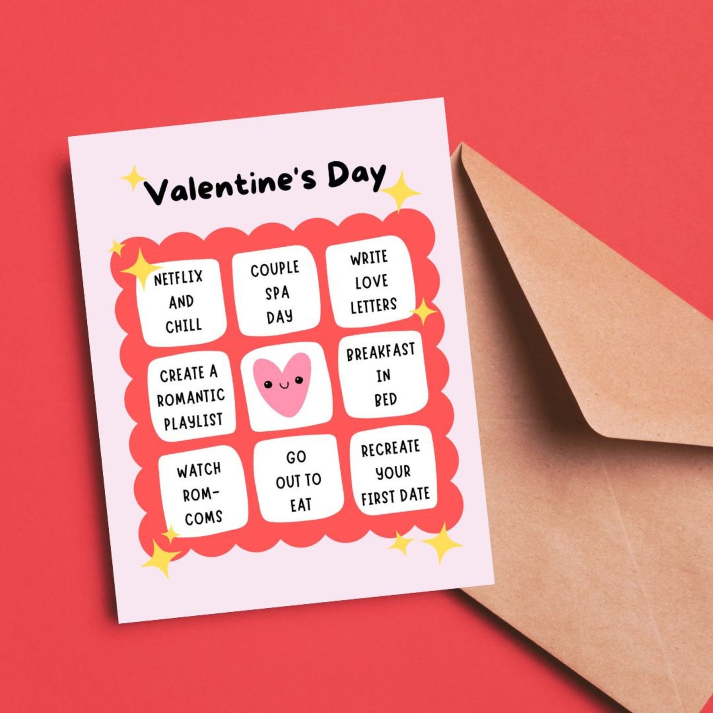 Valentine's Day greeting card featuring a cute bingo card design with fun date ideas, including Recreate Your First Date, Couple Spa Day, Watch Rom-Coms, and Netflix and Chill. Ideal for couples looking to add a fun twist to their celebration.