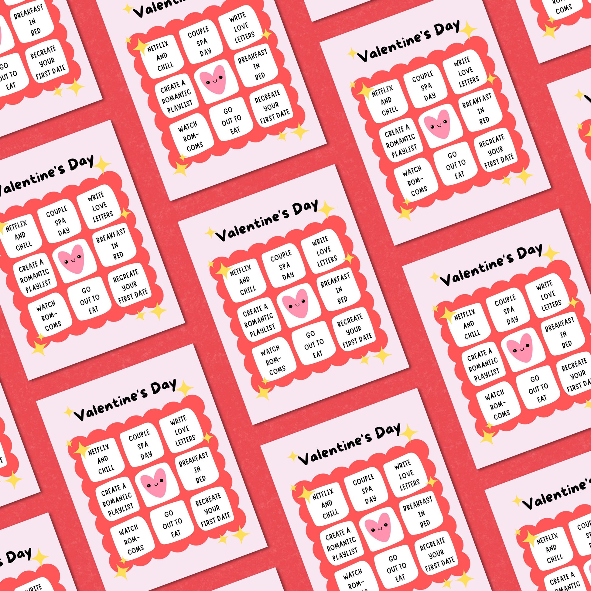 Valentine's Day greeting card featuring a cute bingo card design with fun date ideas, including Recreate Your First Date, Couple Spa Day, Watch Rom-Coms, and Netflix and Chill. Ideal for couples looking to add a fun twist to their celebration.