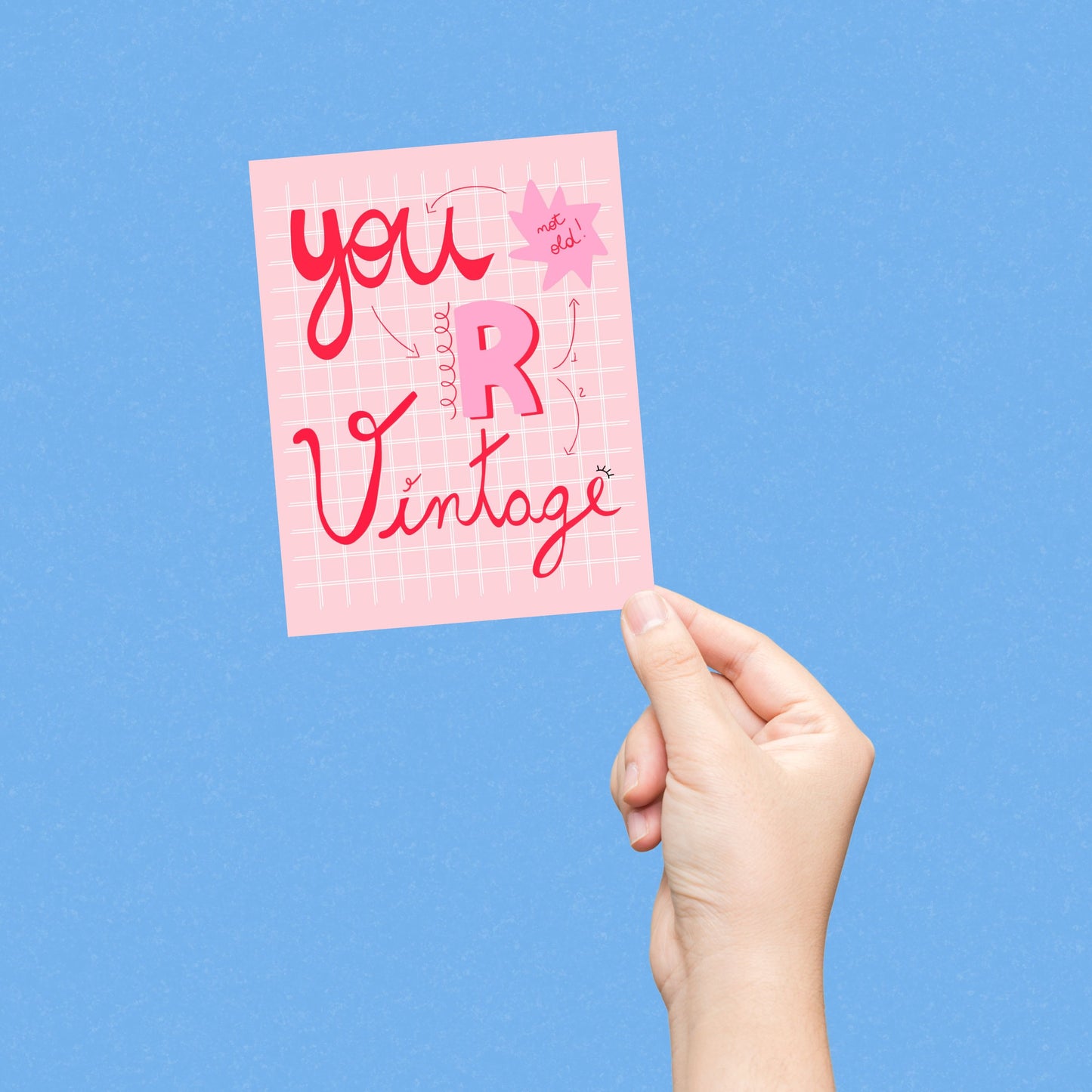 Funny pink and white birthday card with the phrase “You R Vintage Not Old.” Perfect humorous greeting card for friends or family who love retro style and witty birthday messages. Great for funny and modern birthday celebrations.