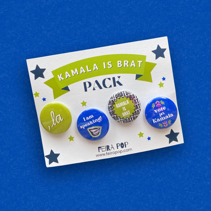 Kamala Harris campaign pin-back buttons, featuring slogans: 'Kamala is Brat,' 'Vote for Kamala,' 'La,' and 'I am Speaking.' Political accessory ideal for jackets, bags, and hats. Bold, high-quality buttons for showing your support in style.