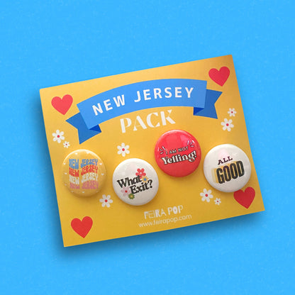 Pack of 4 New Jersey-themed pin-back buttons featuring fun phrases: 'New Jersey,' 'What Exit?,' 'I Am Not Yelling,' and 'All Good.' Perfect for showing Jersey pride with humor and style. Great for New Jersey locals and fans.