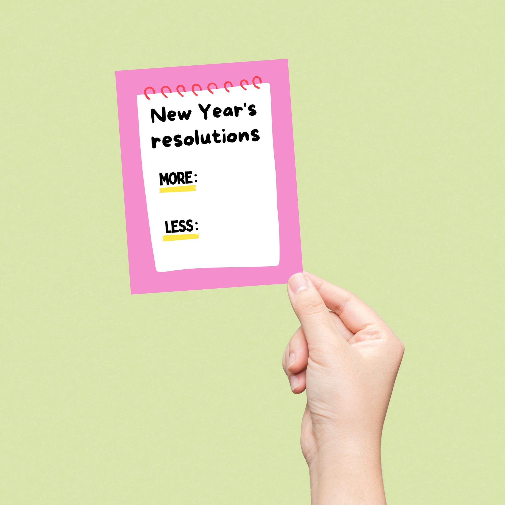 Funny New Year’s greeting card featuring a notepad design with “New Year’s Resolution” and fill-in sections for “More” and “Less,” customizable and perfect for humorous New Year wishes, friends, coworkers, or stationery lovers.