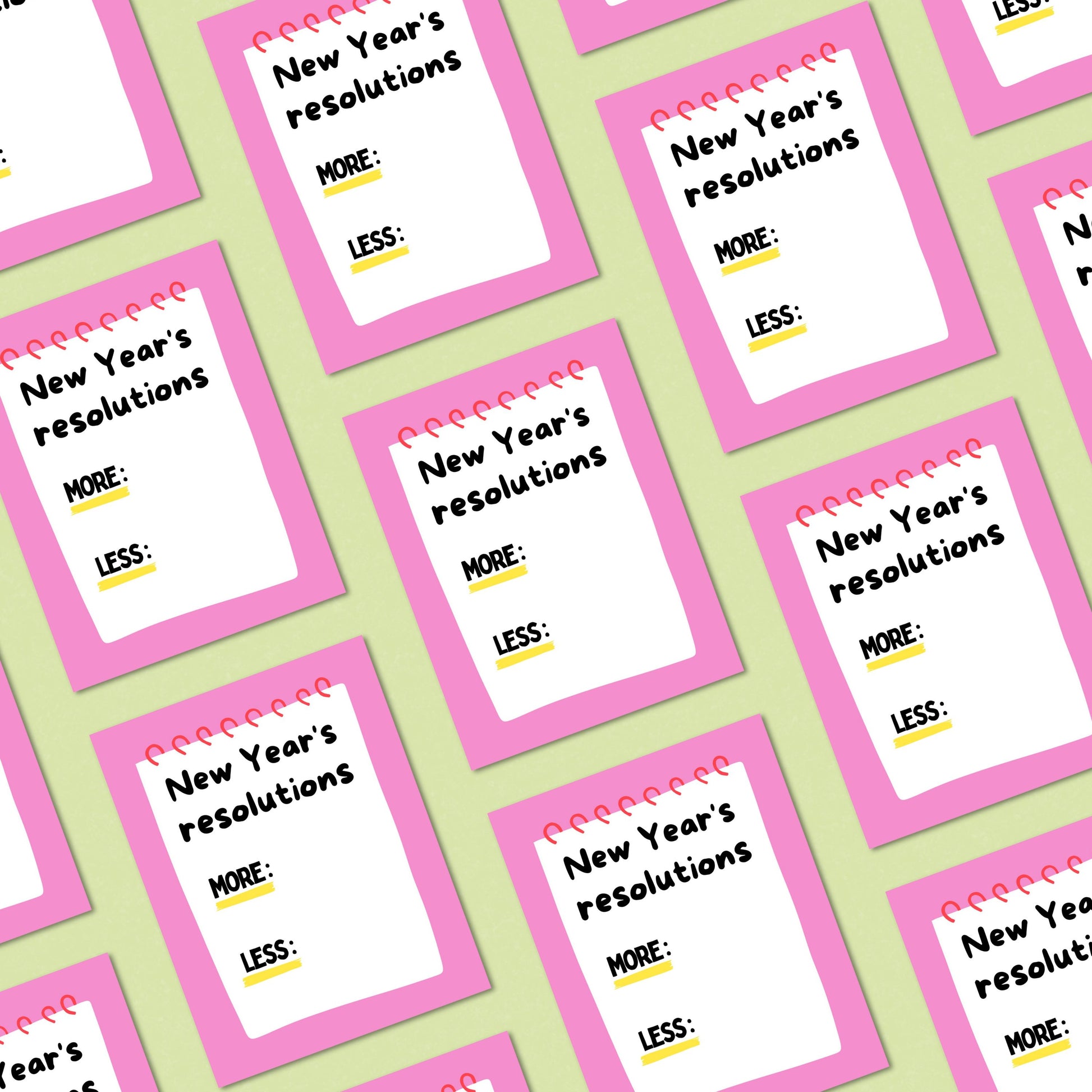 Funny New Year’s greeting card featuring a notepad design with “New Year’s Resolution” and fill-in sections for “More” and “Less,” customizable and perfect for humorous New Year wishes, friends, coworkers, or stationery lovers.