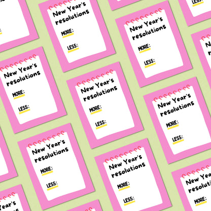 Funny New Year’s greeting card featuring a notepad design with “New Year’s Resolution” and fill-in sections for “More” and “Less,” customizable and perfect for humorous New Year wishes, friends, coworkers, or stationery lovers.