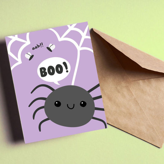 Halloween greeting card with a purple background filled with spider webs, a large black spider saying 'boo' in a speech bubble, and two scared flies exclaiming 'aah.' Funny and spooky design perfect for Halloween greetings.